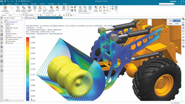 Simcenter 3D software visuals representing a simulation model of a tractor design.