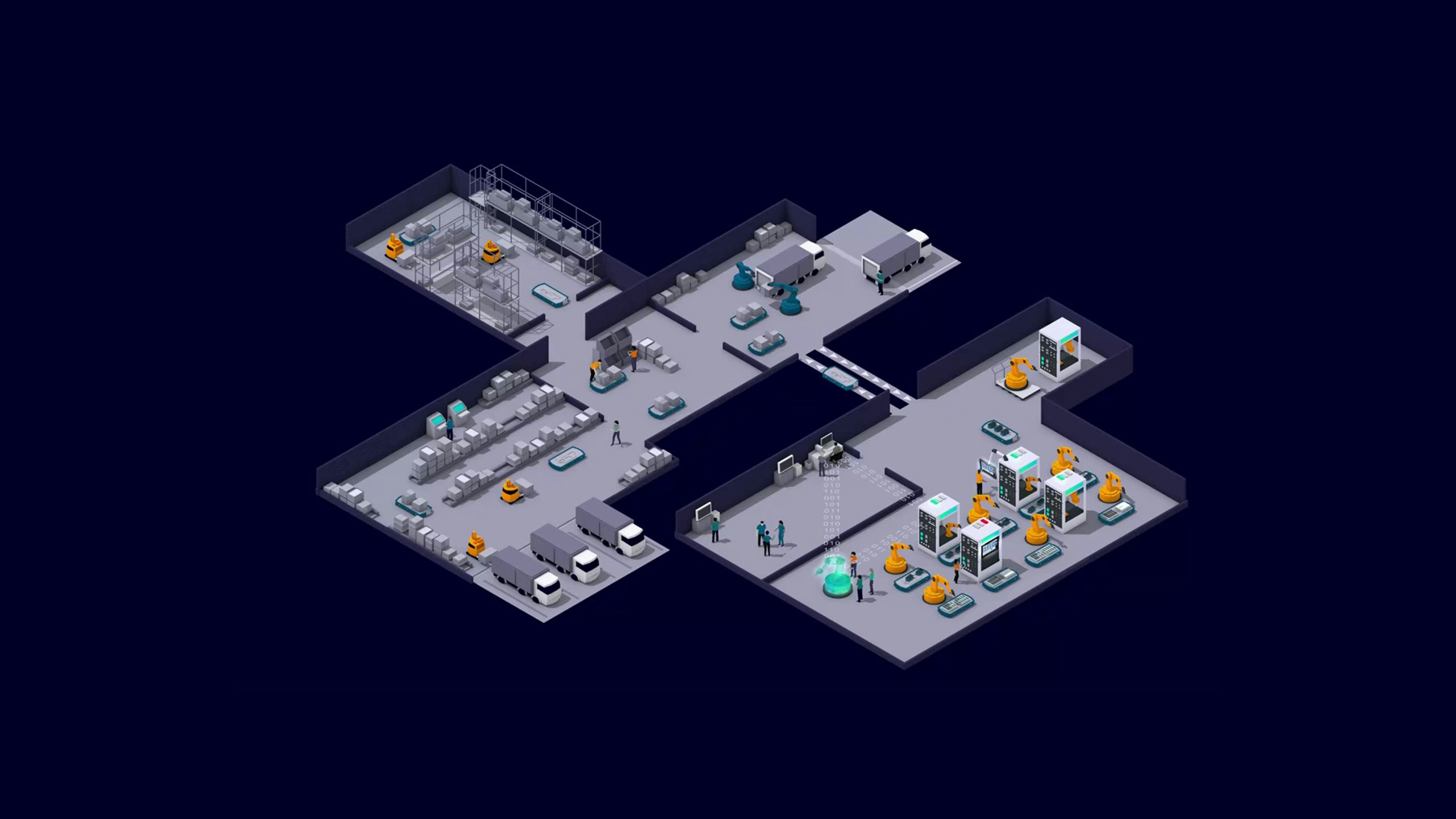 Manufacturing facility map shows production line, supply, storage and dispatch functions.