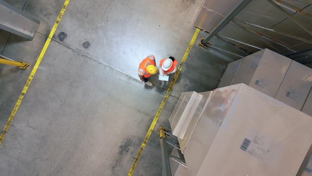 An aerial view of a factory floor with workers using tablets.