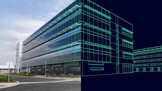 A digital twin of a smart building with a futuristic and technological design. 