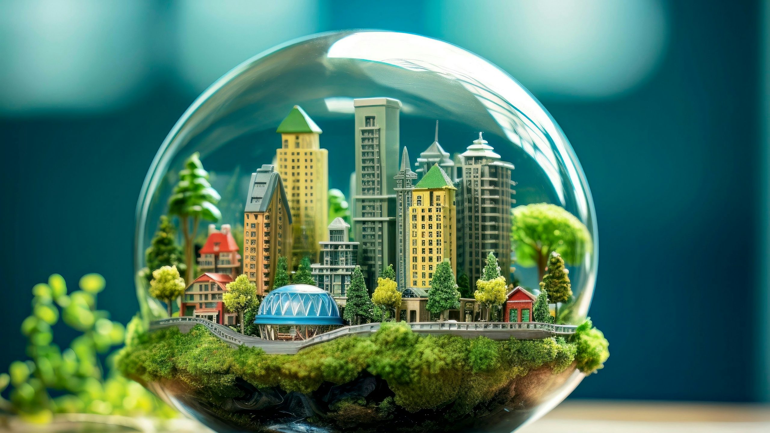 A vibrant image of a city inside a glass paperweight capturing the essence of an eco-friendly urban environment. 