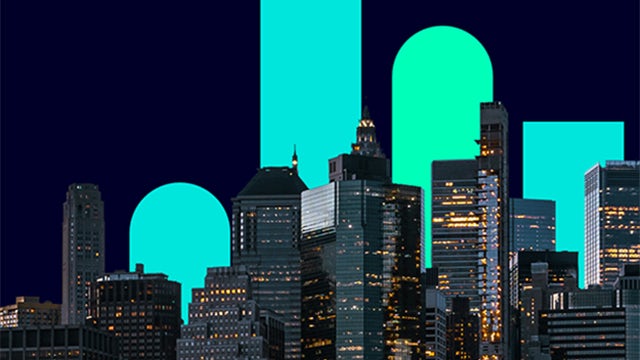 A promotional image for smart infrastructure featuring a modern cityscape with connected buildings and a futuristic skyline.