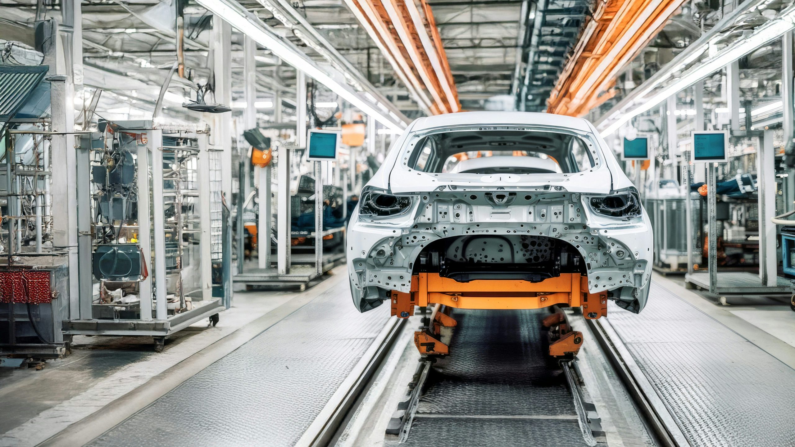 White car chassis on a lift in a manufacturing facility.