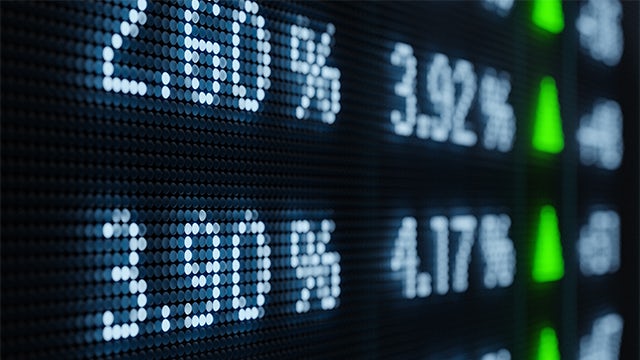 A computer screen displaying stock market growth percentages.