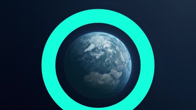 A ring of green and blue colors forming a globe with a leaf design on it. 
