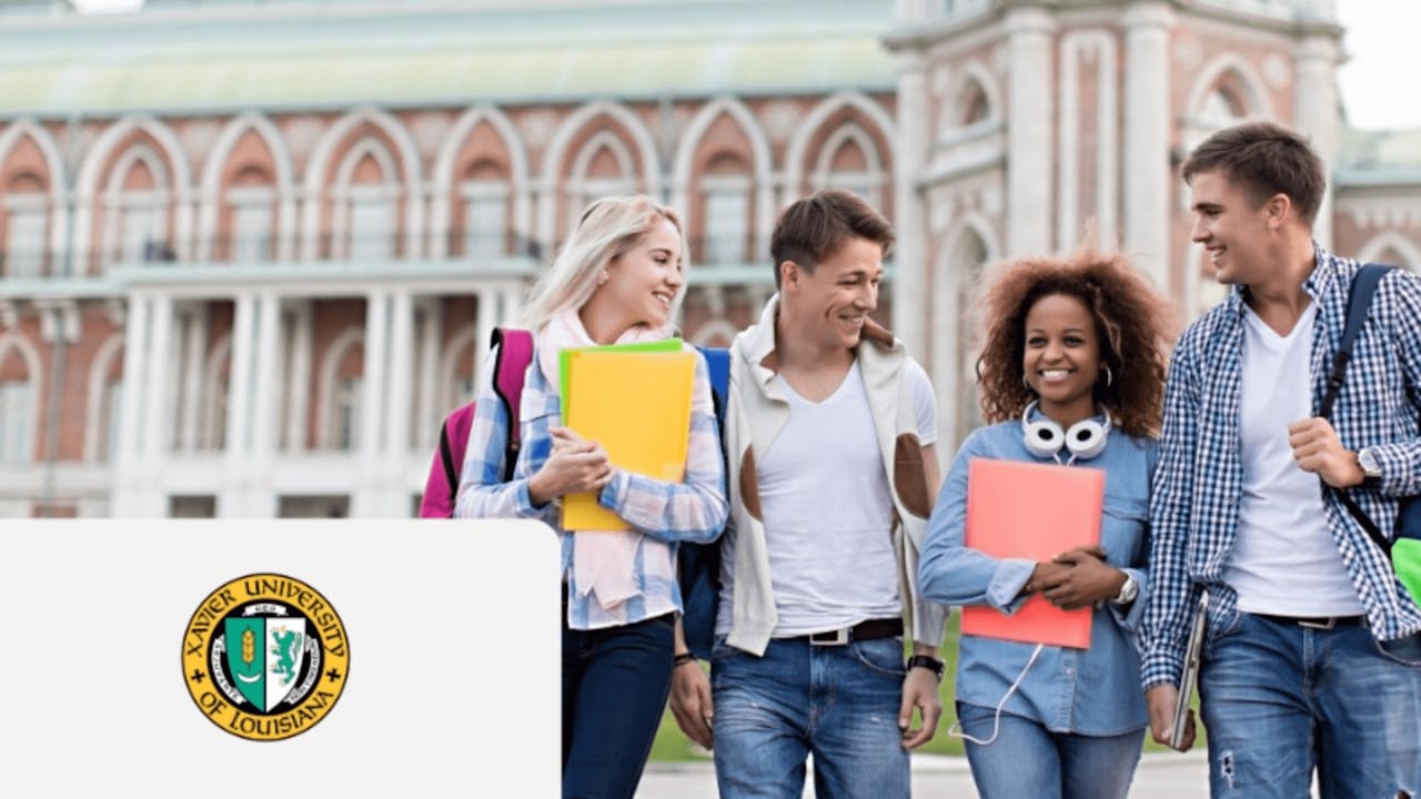 Students walking on campus with building