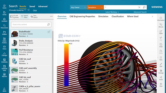 Simulation process and data management visuals from the Teamcenter software.