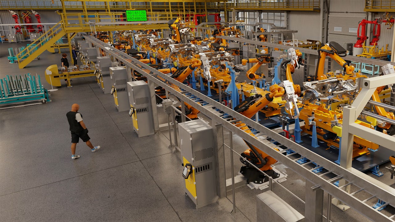 Photorealistic rendering of a virtual automobile body assembly line created using Siemens and NVIDIA software technology.