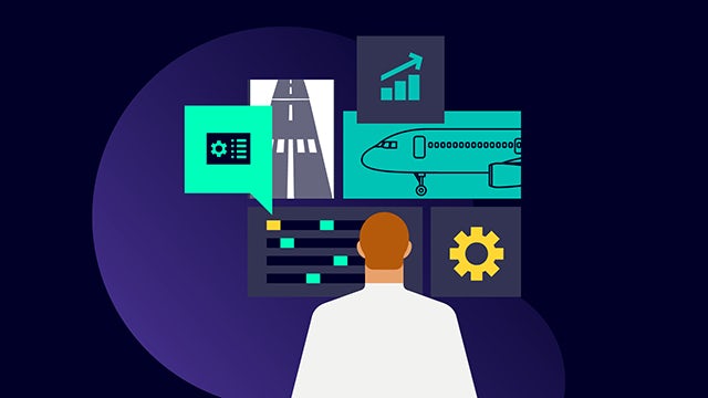Visualisation of man standing in front of a dashboard with aerospace engineering information on it.