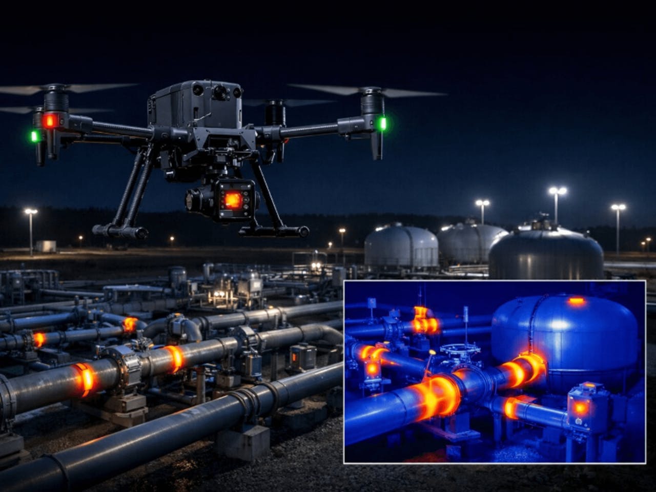 Drone inspecting industrial facility at night