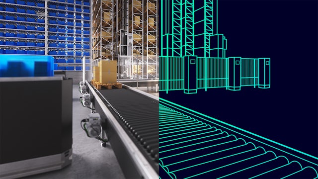 A warehouse with a conveyor belt system and a person operating a forklift.