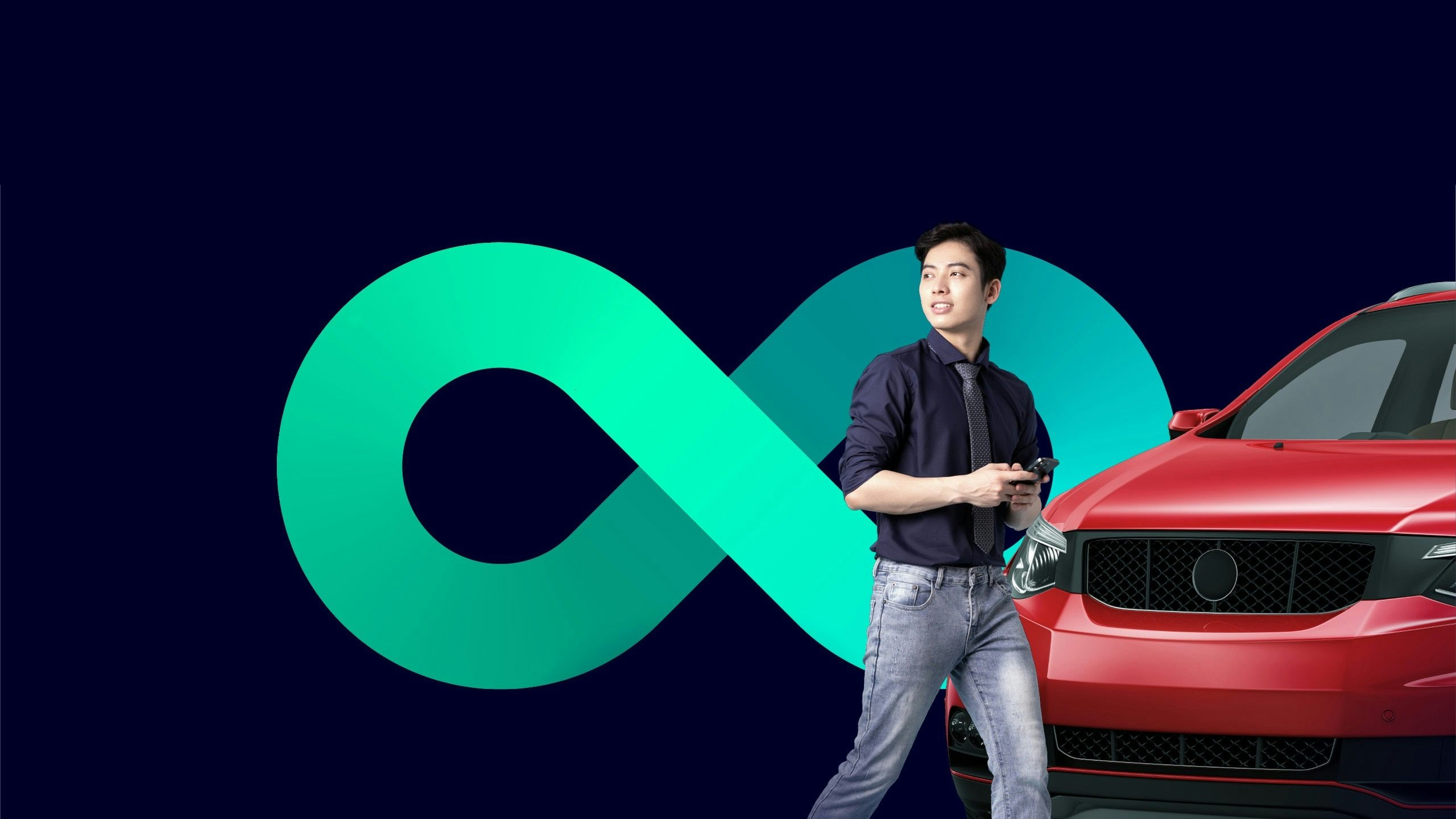 A man holding a phone walking in front of an autonomous vehicle.