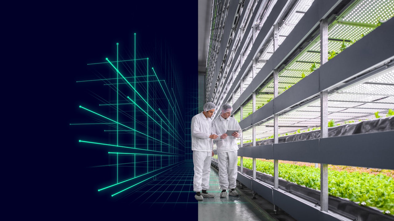 A vertical farming app interface showing a plant growth simulation with various settings and options.