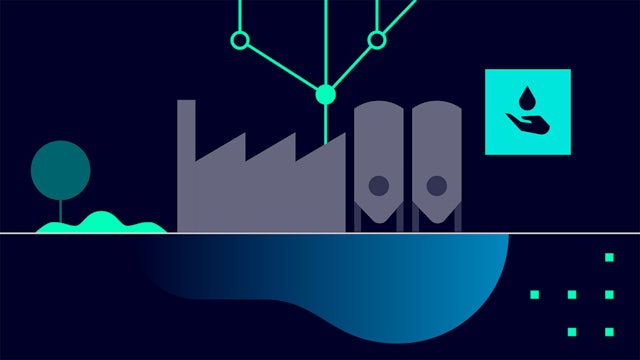 Stylised icon depicting a water treatment plant with above-ground tanks and an underwater reservoir.
