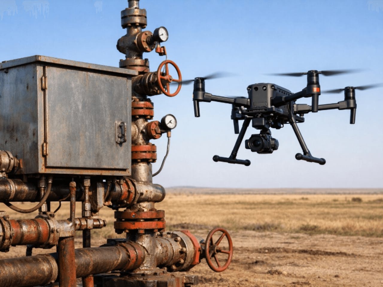 Drone inspecting oil well equipment in field