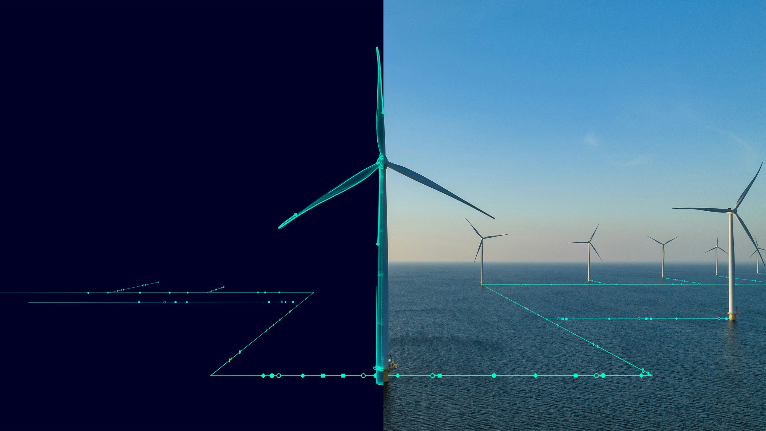 Wind turbines generating electricity in a field.