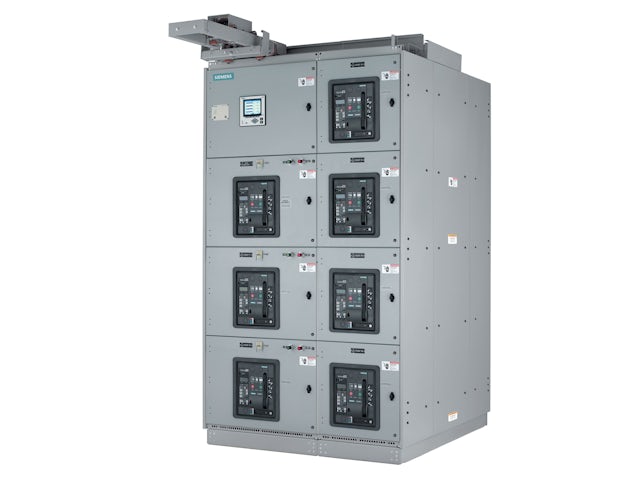 An image of a Siemens Arc Resistant Switchgear with a metal enclosure and a control panel. 