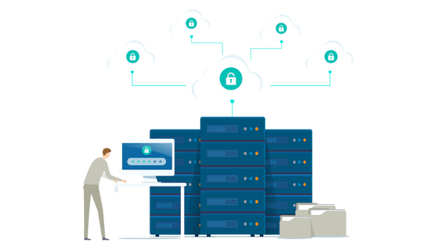 Illustration of a cartoon worker at a standing desk with cloud severs in the background.