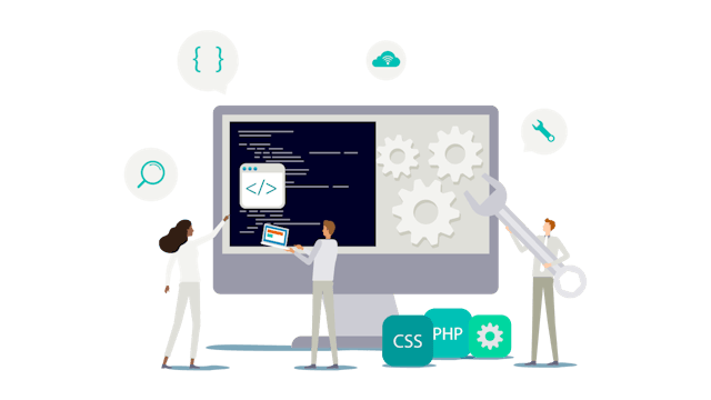 Illustration of tiny cartoon workers standing in front of a computer monitor displaying API icons. 