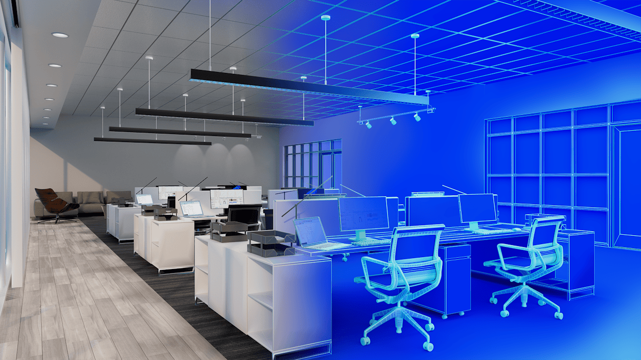 A digital representation of an office room overlaid on top of an office room