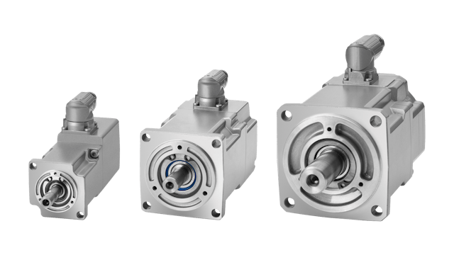 Three industrial servomotors of increasing size side by side.