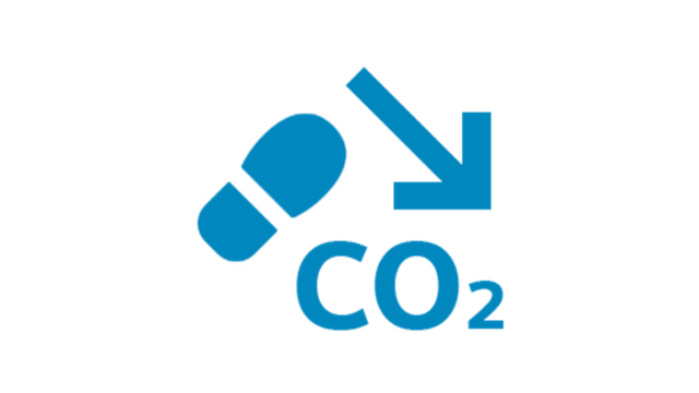 Icon featuring carbon dioxide chemical formula, CO2, with downward arrow and footprint.