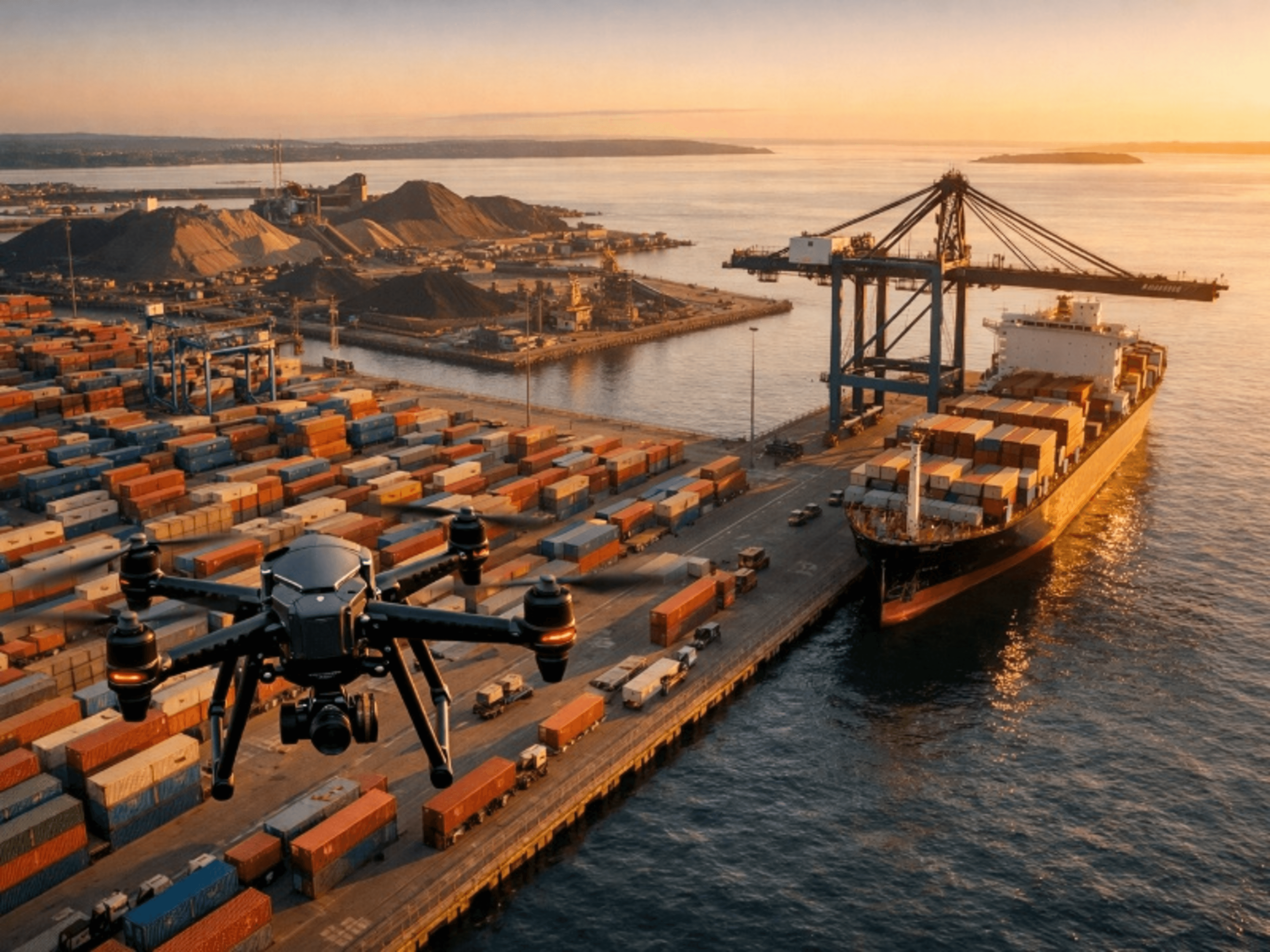 Drone over busy port at sunset