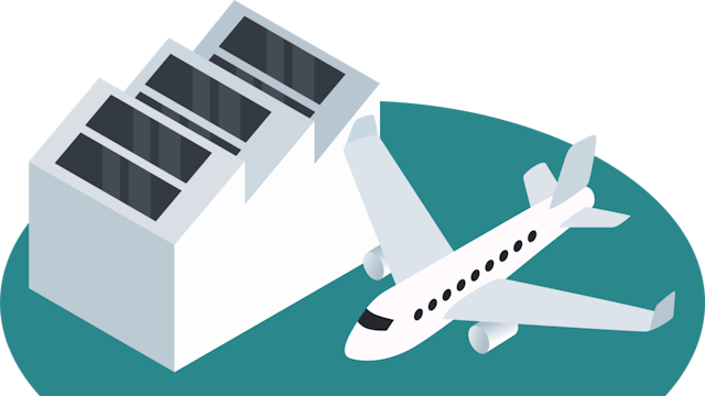 Stylised aerospace icon depicting a commercial jet on an airport apron next to a building