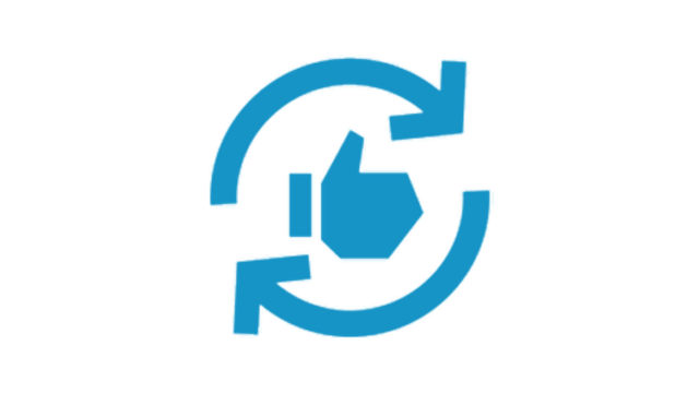 Two arrows in circular formation with a thumbs-up icon at center. 
