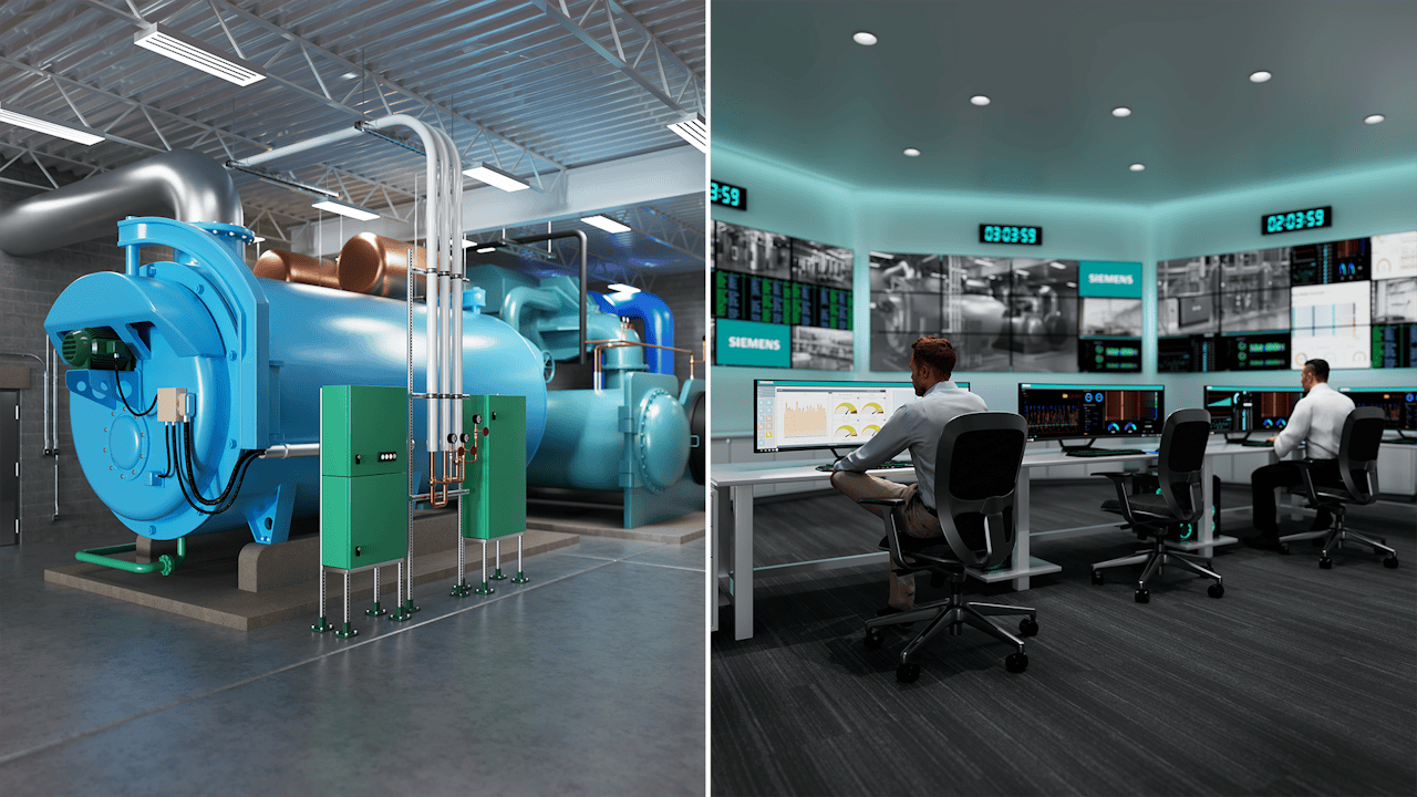 Men monitoring many monitors split image with a large production facility