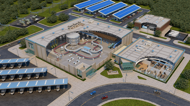 A birds-eye view of an industrial setting with machinery and equipment in operation.