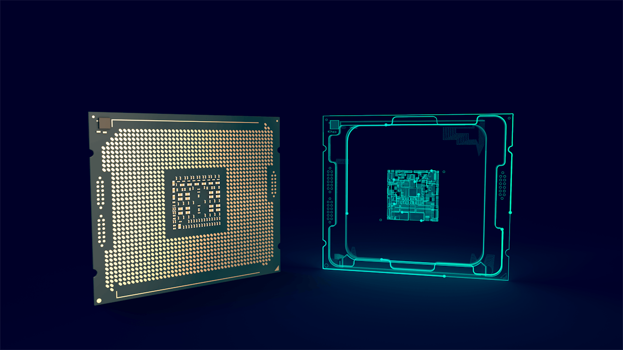 A digital twin of a CPU with a blue background and a 3D rendering of the CPU.