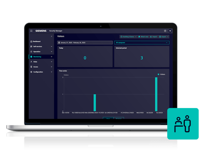 Laptop displaying Siemens Security Manager with a visitor monitoring dashboard. A green icon with two figures is beside it.