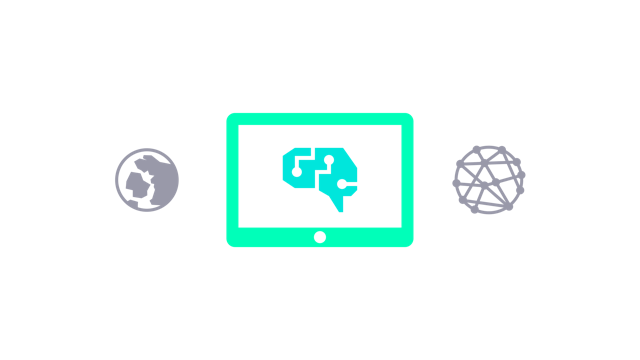 Digital transformation challenges icon showing a tablet icon displaying a stylised AI brain, with a globe on one side and a network symbol on the other.