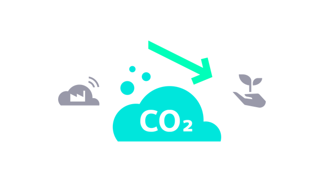 Sustainability challenges icon showing CO₂ cloud icon with a downward arrow, symbolising reduced emissions.