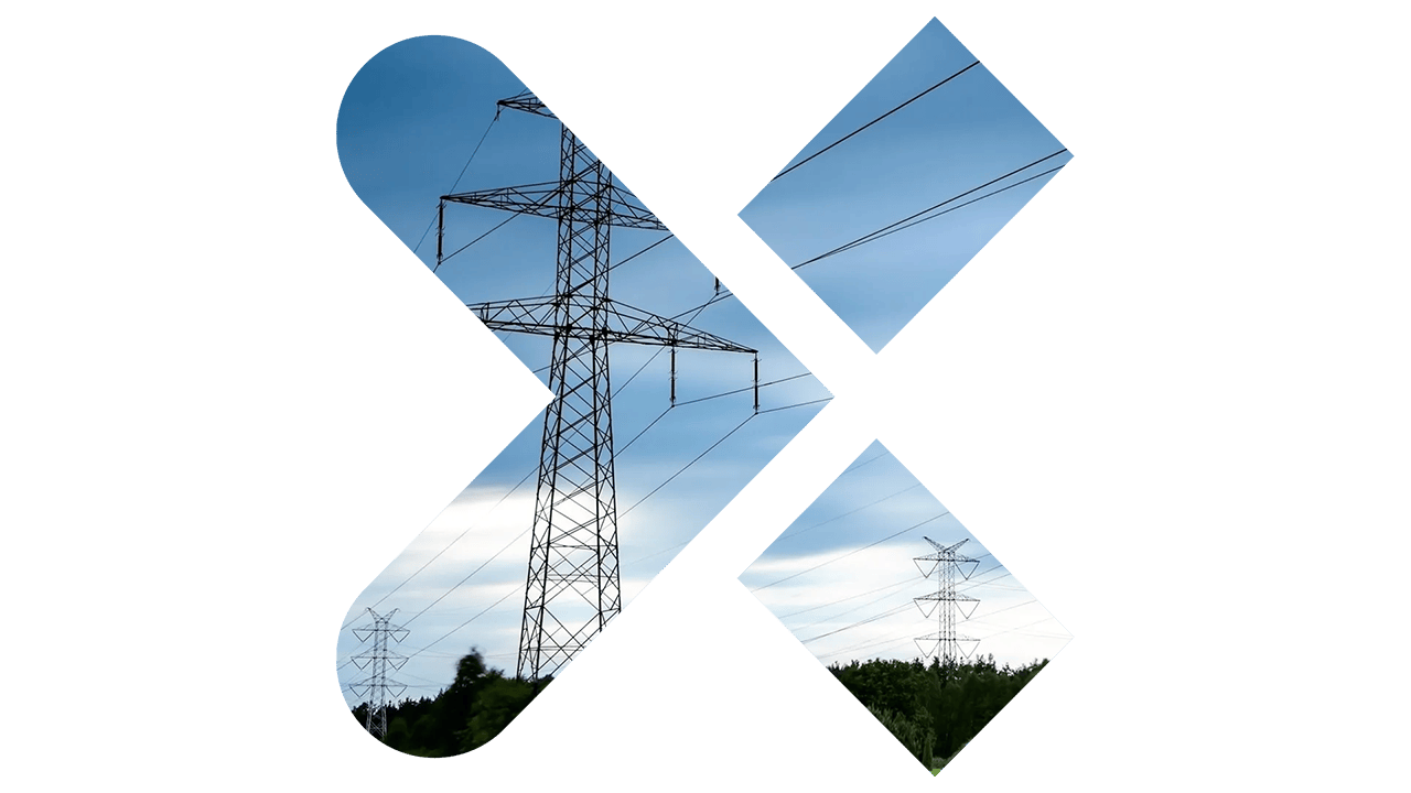 High-voltage tower sky background in the Siemens Xcelerator X shape.