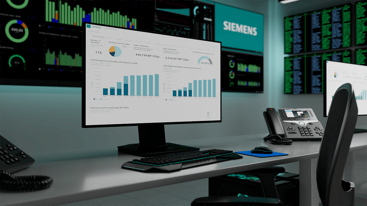 The image shows a cloud-based IoT suite with a graphical representation of interconnected devices and data flow.