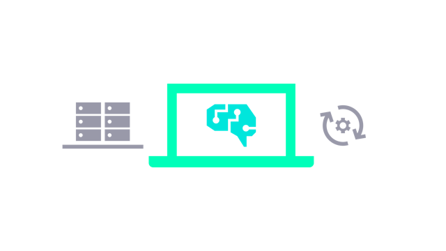 icon showing grey data servers, green laptop with a blue brain and grey gear with arrows