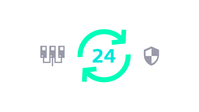 Grey, blue and green icon depicting 24-hour type cycle, electrical boxes and a security badge.