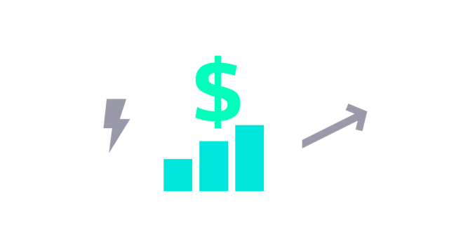 Icon with green dollar sign over blue bar chart, flanked by grey lightning bolt and grey arrow pointing up and to the right