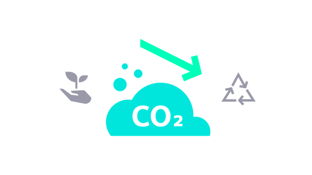 Central icon representing decarbonisation. Side icons representing sustainability in lifecycle and lower energy consumption
