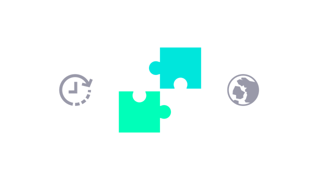 Icon showing large blue and green puzzle pieces flanked by a grey clock and a grey Earth