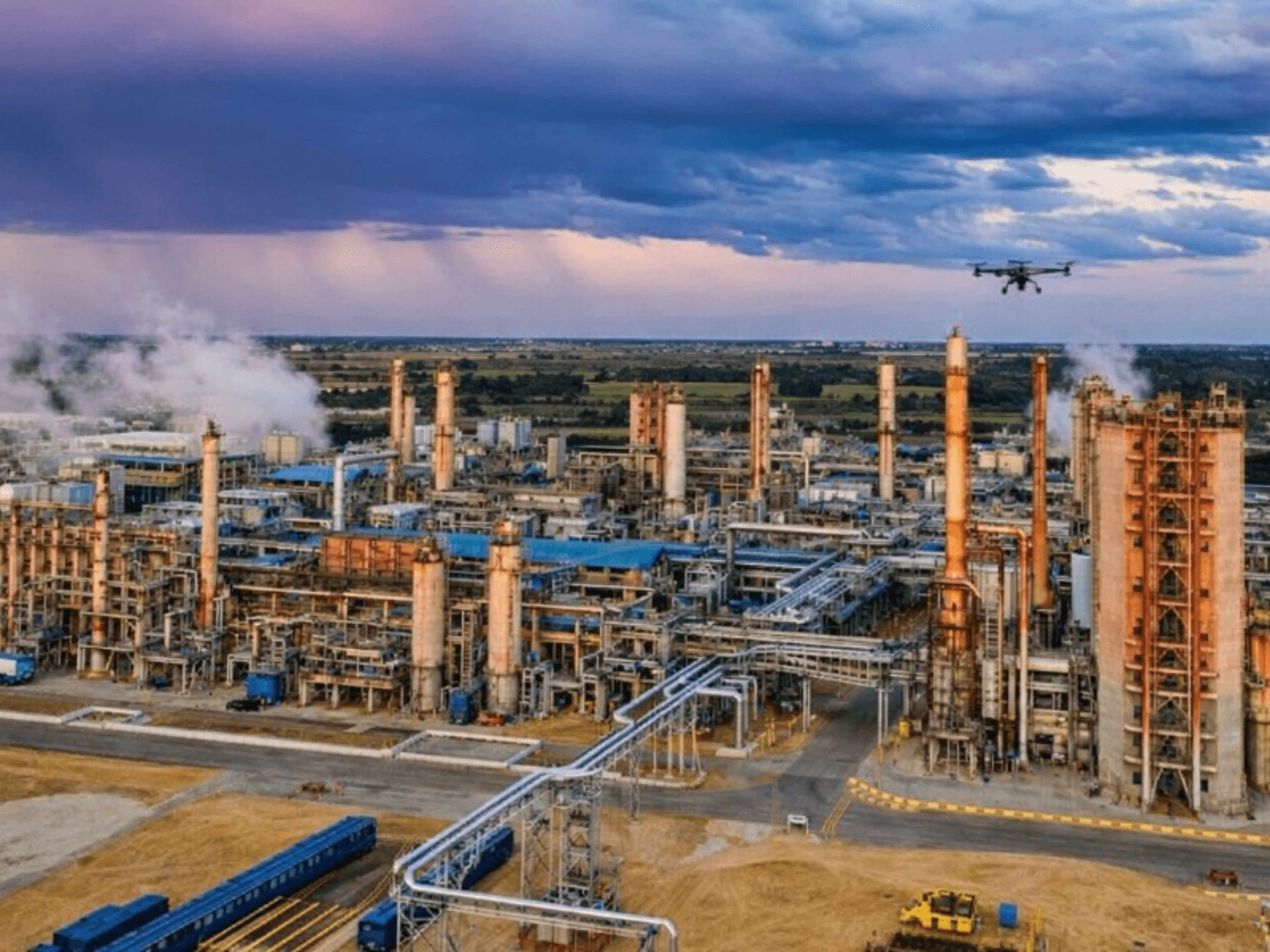 Drone over industrial refinery complex