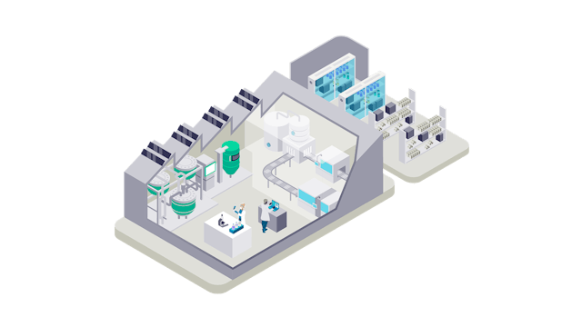 Birds'-eye view illustration of a pharmaceutical manufacturing facility.