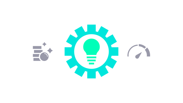 Modernization challenges icon showing gear with a lightbulb in the center, flanked by sparkle and speedometer symbols.