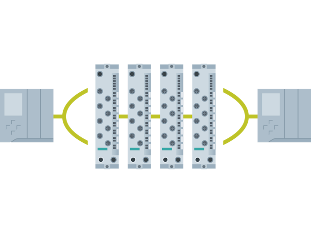 A diagram of a Siemens ET 200eco PN S2 redundancy system with four input and three output connections. 