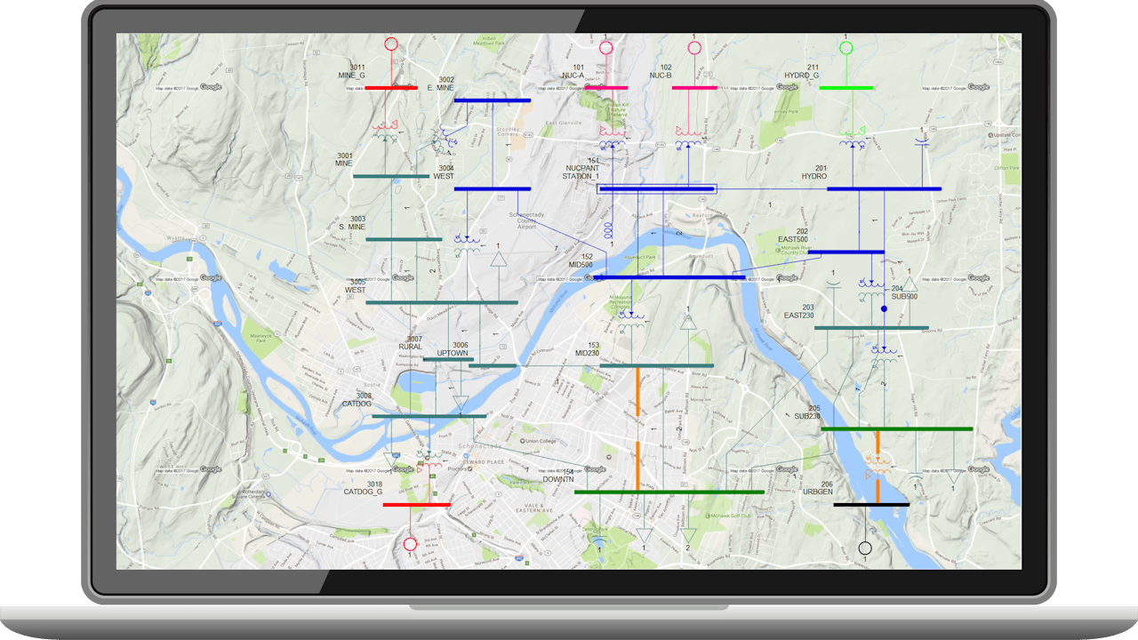 Siemens PTI PSS®E Product Screenshots - PSS®E slider diagrams with geographical map backgrounds