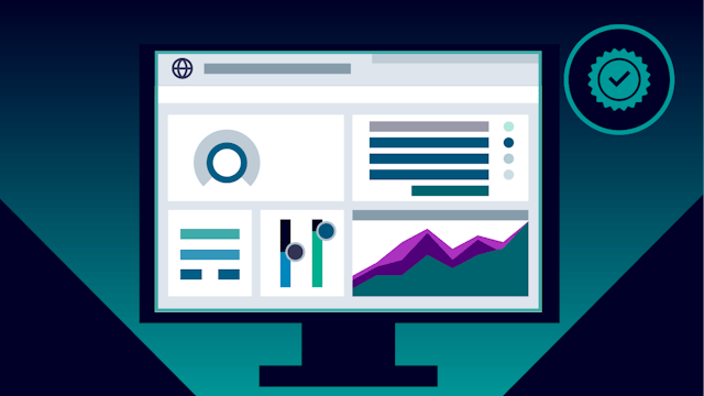 A stylized illustration of a computer monitor displaying various data visualizations, including a circular progress bar, bar charts, a line graph, and text snippets, set against a dark teal and blue gradient background, with a verified badge icon in a circle in the upper right.