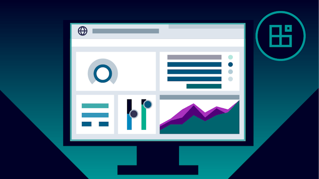 A stylized illustration of a computer monitor displaying various data visualizations, including a circular progress bar, bar charts, a line graph, and text snippets, set against a dark teal and blue gradient background, with a grid icon in a circle in the upper right.